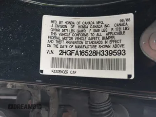 2008 Honda Civic LX z VIN 2HGFA16528H339593, wystawiony jako IAAI lot #42253517 z przebiegiem 130 465 mil mil oraz . Historia ofert i sprzedaży dostępna na DreamBid. Obrazek 9.