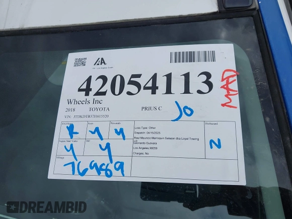 2018 Toyota Prius One with VIN JTDKDTB37J1615520, listed as a IAAI auction lot 42054113 with 76,989 mi miles and . Bid and sale history available at DreamBid. Image 17.