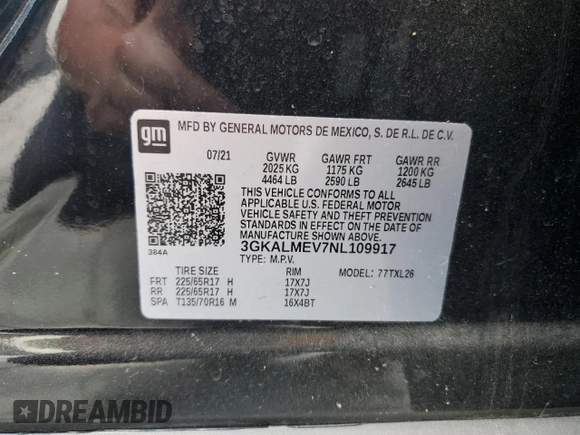 2022 GMC Terrain SLE с VIN 3GKALMEV7NL109917, выставлен на аукционе Copart как лот 65394745 с пробегом 26 018 миль миль и Списание • Salvage title. История ставок и продаж доступна на DreamBid. Изображение 13.