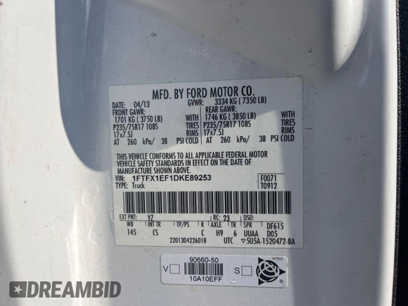 2013 Ford F-150 XL с VIN 1FTFX1EF1DKE89253, выставлен на аукционе IAAI как лот 42575807 с пробегом 211 037 миль миль и . История ставок и продаж доступна на DreamBid. Изображение 12.