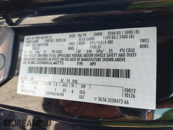 2019 Lincoln MKC Reserve with VIN 5LMCJ3D96KUL46773, listed as a IAAI auction lot 42064234 with 70,176 mi miles and . Bid and sale history available at DreamBid. Image 9.