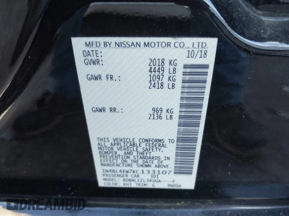2019 Nissan Altima SL with VIN 1N4BL4EW7KC133107, listed as a IAAI auction lot 41433636 with 70,719 mi miles and . Bid and sale history available at carsss.com. Image 9.