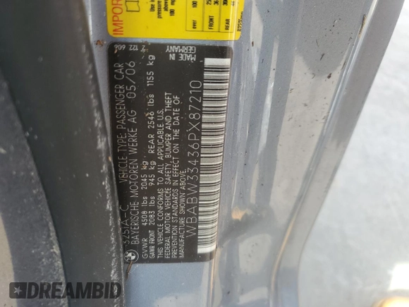 2006 BMW 3 Series 325Ci with VIN WBABW33436PX87210, listed as a Copart auction lot 74881104 with Not Provided miles and Salvage Title. Bid and sale history available at DreamBid. Image 13.