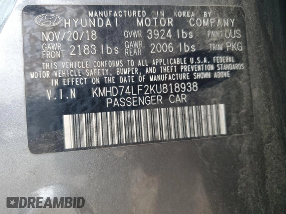 2019 Hyundai Elantra SE with VIN KMHD74LF2KU818938, listed as a Copart auction lot 51958095 with Not Provided miles and Salvage Title. Bid and sale history available at DreamBid. Image 13.