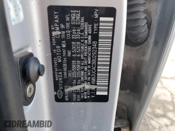 2011 Hyundai Tucson Limited with VIN KM8JUCAC3BU292348, listed as a Copart auction lot 50919925 with 184,505 mi miles and Salvage Title. Bid and sale history available at DreamBid. Image 14.