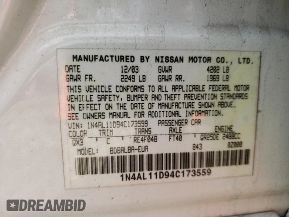 2004 Nissan Altima with VIN 1N4AL11D94C173559, listed as a Copart auction lot 42342595 with 62,943 mi miles and Non repairable. Bid and sale history available at DreamBid. Image 12.