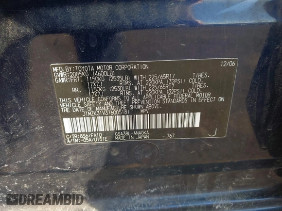 2007 Toyota RAV4 Limited with VIN JTMZK31V376005181, listed as a IAAI auction lot 41782470 with 316,342 mi miles. Bid and sale history available at carsss.com. Image 9.