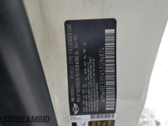2005 MINI Hardtop S z VIN WMWRE33465TD91749, wystawiony jako Copart lot #43938765 z przebiegiem 166 391 mil mil oraz Szkoda całkowita • Salvage title. Historia ofert i sprzedaży dostępna na DreamBid. Obrazek 15.