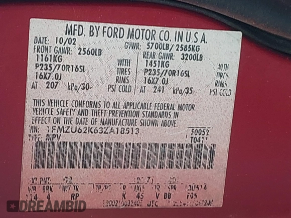 2003 Ford Explorer XLS with VIN 1FMZU62K63ZA18513, listed as a IAAI auction lot 41928870 with 135,928 mi miles and . Bid and sale history available at DreamBid. Image 9.
