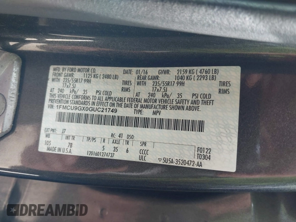 2016 Ford Escape SE with VIN 1FMCU9GX0GUC21749, listed as a IAAI auction lot 42115212 with 149,027 mi miles. Bid and sale history available at carsss.com. Image 9.