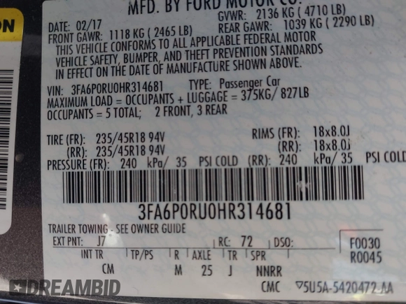 2017 Ford Fusion Hybrid Titanium z VIN 3FA6P0RU0HR314681, wystawiony jako IAAI lot #41288256 z przebiegiem 174 027 mil mil oraz . Historia ofert i sprzedaży dostępna na DreamBid. Obrazek 9.