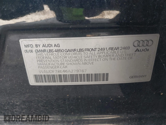 2006 Audi A4 2.0T z VIN WAUDF78E46A279767, wystawiony jako IAAI lot #42427129 z przebiegiem 145 821 mil mil oraz . Historia ofert i sprzedaży dostępna na DreamBid. Obrazek 9.