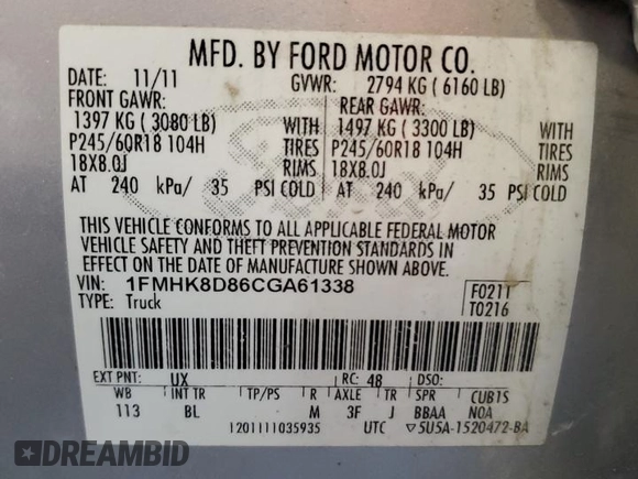 2012 Ford Explorer XLT with VIN 1FMHK8D86CGA61338, listed as a Copart auction lot 63069975 with 254,967 mi miles and Salvage title. Bid and sale history available at DreamBid. Image 13.