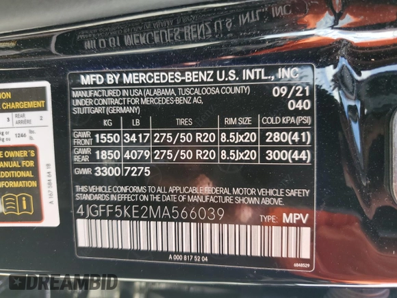 2021 Mercedes-Benz GLS with VIN 4JGFF5KE2MA566039, listed as a Copart auction lot 60915512 with 15,746 mi miles. Bid and sale history available at carsss.com. Image 10.
