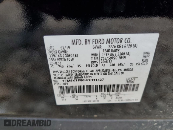 2019 Ford Explorer Limited с VIN 1FM5K7F86KGB11437, выставлен на аукционе Copart как лот 60751965 с пробегом 173 892 миль миль и Списание • Salvage title. История ставок и продаж доступна на DreamBid. Изображение 13.