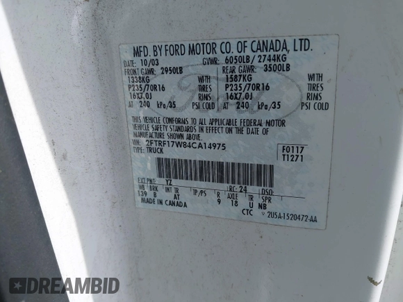 2004 Ford F-150 XL с VIN 2FTRF17W84CA14975, выставлен на аукционе IAAI как лот 42392138 с пробегом 121 799 миль миль и . История ставок и продаж доступна на DreamBid. Изображение 9.