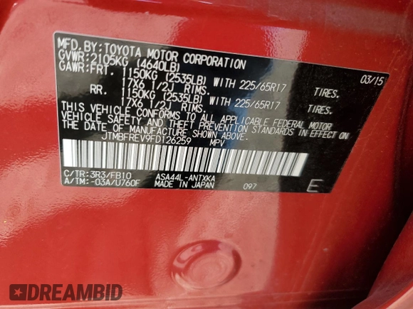 2015 Toyota RAV4 LE with VIN JTMBFREV9FD126259, listed as a Copart auction lot 62152715 with 30,953 mi miles and Salvage title. Bid and sale history available at DreamBid. Image 12.