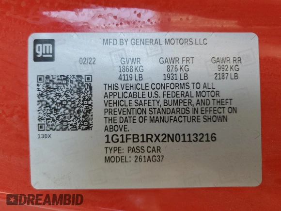 2022 Chevrolet Camaro 1LT z VIN 1G1FB1RX2N0113216, wystawiony jako Copart lot #54292955 z przebiegiem 59 929 mil mil oraz Szkoda całkowita • Salvage title. Historia ofert i sprzedaży dostępna na DreamBid. Obrazek 12.