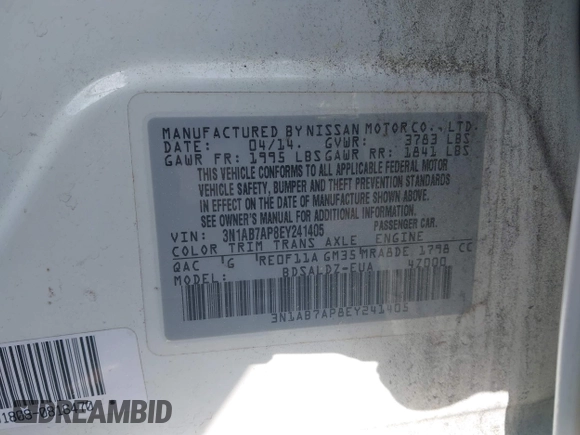 2014 Nissan Sentra SR with VIN 3N1AB7AP8EY241405, listed as a IAAI auction lot 42109832 with 172,012 mi miles and . Bid and sale history available at DreamBid. Image 9.