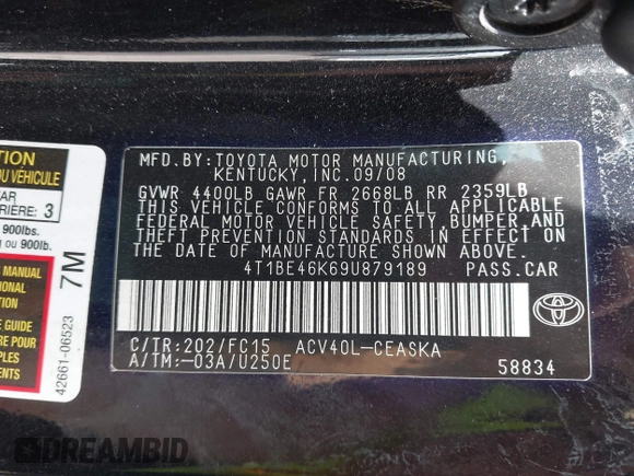 2009 Toyota Camry with VIN 4T1BE46K69U879189, listed as a IAAI auction lot 42088458 with 215,006 mi miles. Bid and sale history available at carsss.com. Image 9.