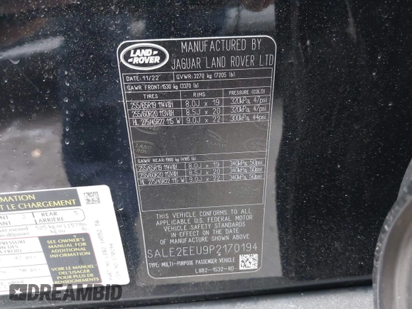 2023 Land Rover Defender X-Dynamic SE with VIN SALE2EEU9P2170194, listed as a IAAI auction lot 42402794 with 22,943 mi miles and . Bid and sale history available at DreamBid. Image 9.