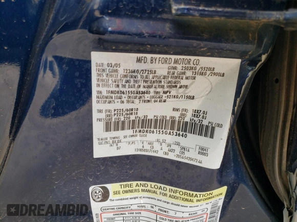 2005 Ford Freestyle Limited z VIN 1FMDK06155GA53640, wystawiony jako Copart lot #48437095 z przebiegiem 143 183 mil mil oraz Szkoda całkowita • Salvage title. Historia ofert i sprzedaży dostępna na DreamBid. Obrazek 15.