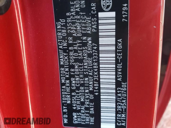 2011 Toyota Camry LE with VIN 4T4BF3EK4BR133747, listed as a Copart auction lot 53805785 with 235,406 mi miles and Salvage Title. Bid and sale history available at carsss.com. Image 12.