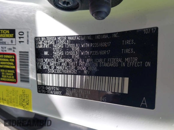 2017 Toyota Sienna LE Auto Access Seat with VIN 5TDKZ3DC7HS896262, listed as a IAAI auction lot 42147163 with 98,219 mi miles and . Bid and sale history available at DreamBid. Image 9.