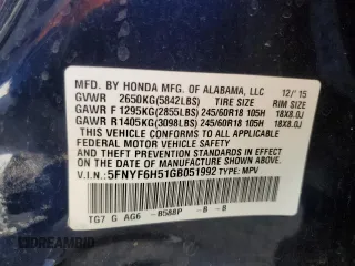 2016 Honda Pilot EX-L with VIN 5FNYF6H51GB051992, listed as a Copart auction lot 46193115 with 145,047 mi miles and Salvage Title. Bid and sale history available at DreamBid. Image 13.