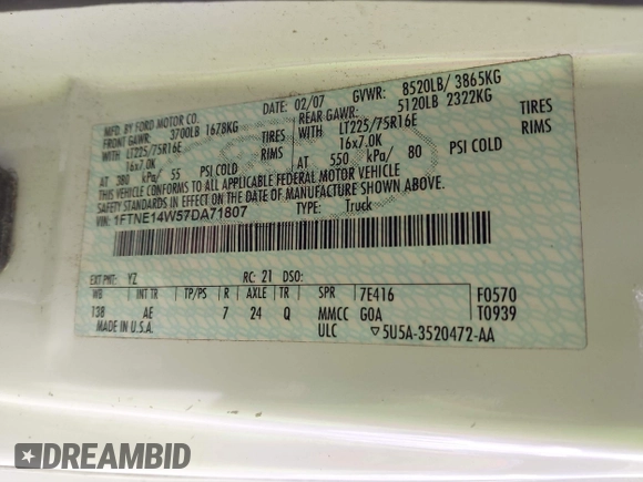 2007 Ford Econoline Cargo Commercial with VIN 1FTNE14W57DA71807, listed as a IAAI auction lot 41407896 with 137,637 mi miles and . Bid and sale history available at DreamBid. Image 9.