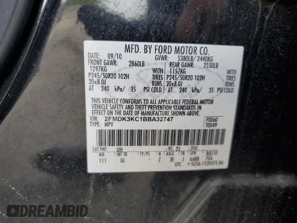2011 Ford Edge Limited with VIN 2FMDK3KC1BBA32747, listed as a Copart auction lot 56162115 with 218,842 mi miles and Salvage title. Bid and sale history available at DreamBid. Image 12.
