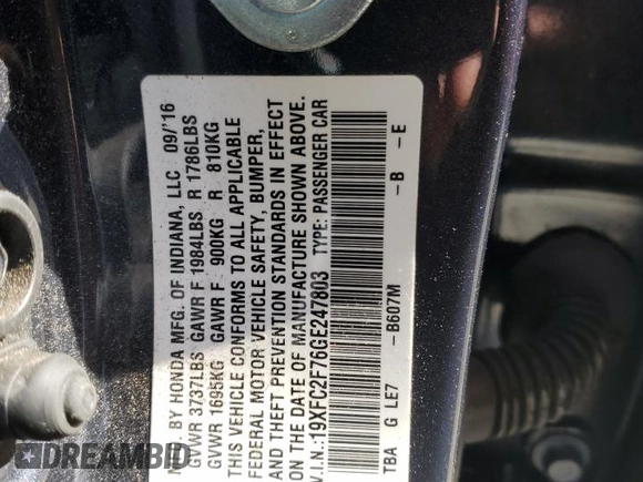 2016 Honda Civic EX with VIN 19XFC2F76GE247803, listed as a Copart auction lot 55691015 with 82,120 mi miles and Salvage Title. Bid and sale history available at DreamBid. Image 13.