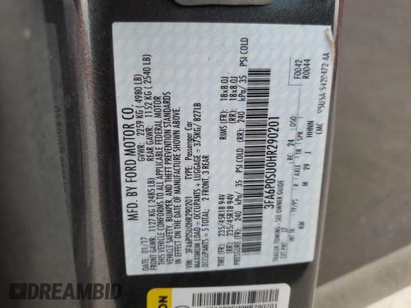 2017 Ford Fusion Titanium z VIN 3FA6P0SU0HR290201, wystawiony jako Copart lot #60106095 z przebiegiem 98 086 mil mil oraz Szkoda całkowita • Salvage title. Historia ofert i sprzedaży dostępna na DreamBid. Obrazek 13.