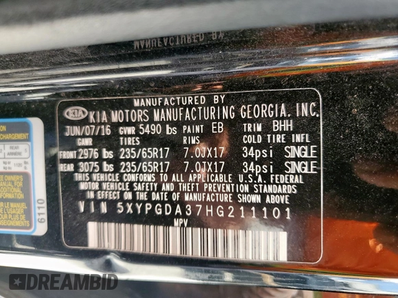 2017 Kia Sorento LX with VIN 5XYPGDA37HG211101, listed as a Copart auction lot 59623955 with 67,852 mi miles and Salvage title. Bid and sale history available at DreamBid. Image 13.