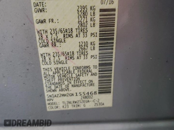 2016 Nissan Murano S z VIN 5N1AZ2MH2GN155468, wystawiony jako Copart lot #57147395 z przebiegiem 111 900 mil mil oraz Szkoda całkowita • Salvage title. Historia ofert i sprzedaży dostępna na DreamBid. Obrazek 13.