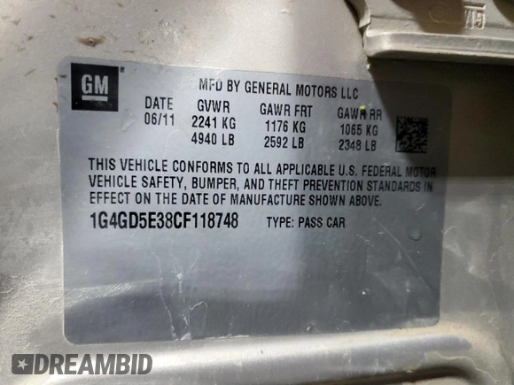2012 Buick LaCrosse Premium 1 with VIN 1G4GD5E38CF118748, listed as a Copart auction lot 57525145 with 114,769 mi miles and Salvage title. Bid and sale history available at DreamBid. Image 12.