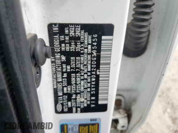 2013 Kia Sorento SX with VIN 5XYKWDA20DG395456, listed as a Copart auction lot 58751035 with 147,850 mi miles and Clean title. Bid and sale history available at DreamBid. Image 13.