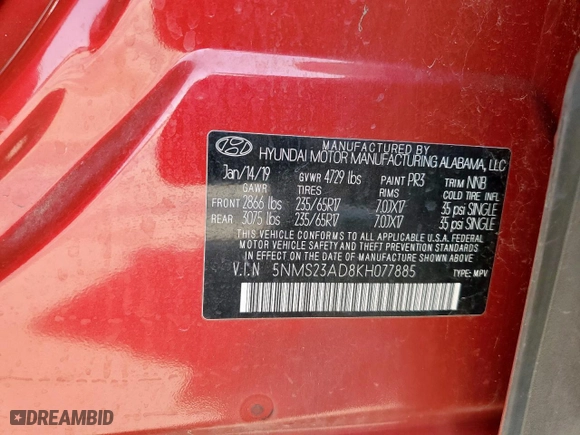 2019 Hyundai Santa Fe SE with VIN 5NMS23AD8KH077885, listed as a Copart auction lot 52036945 with 114,136 mi miles and Salvage Title. Bid and sale history available at carsss.com. Image 13.