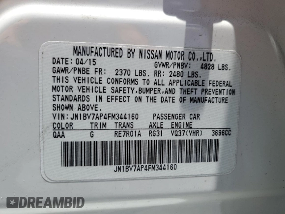 2015 Infiniti Q50 Sport with VIN JN1BV7AP4FM344160, listed as a Copart auction lot 61480985 with 99,666 mi miles and Salvage title. Bid and sale history available at DreamBid. Image 12.