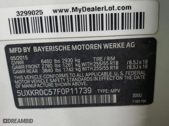2015 BMW X5 xDrive35i with VIN 5UXKR0C57F0P11739, listed as a Copart auction lot 47288815 with NaN miles and Salvage Title. Bid and sale history available at carsss.com. Image 14.