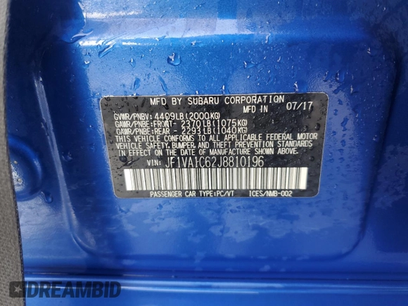 2018 Subaru WRX Premium with VIN JF1VA1C62J8810196, listed as a Copart auction lot 84623094 with 75,976 mi miles and Salvage Title. Bid and sale history available at carsss.com. Image 12.