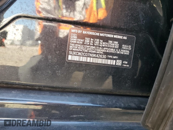 2022 BMW X7 xDrive40i z VIN 5UXCW2C07N9K42630, wystawiony jako Copart lot #52619295 z przebiegiem 60 706 mil mil oraz Szkoda całkowita • Salvage title. Historia ofert i sprzedaży dostępna na DreamBid. Obrazek 14.