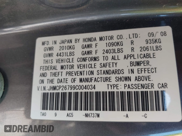 2009 Honda Accord EX z VIN JHMCP26799C004034, wystawiony jako IAAI lot #42119755 z przebiegiem 169 270 mil mil oraz . Historia ofert i sprzedaży dostępna na DreamBid. Obrazek 9.