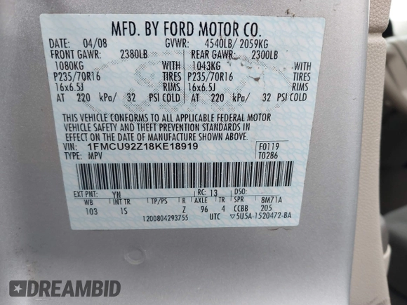 2008 Ford Escape XLS with VIN 1FMCU92Z18KE18919, listed as a IAAI auction lot 40941548 with Not provided miles and . Bid and sale history available at DreamBid. Image 9.