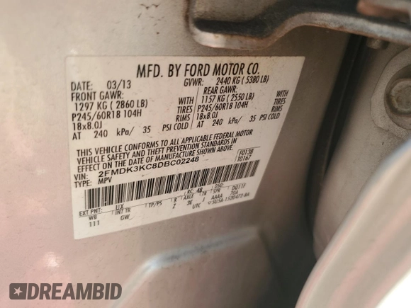 2013 Ford Edge Limited with VIN 2FMDK3KC8DBC02248, listed as a Copart auction lot 62139465 with 166,582 mi miles and Clean title. Bid and sale history available at DreamBid. Image 13.