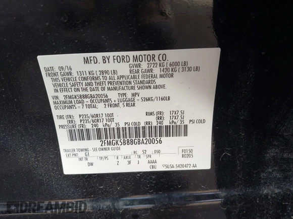 2016 Ford Flex SE with VIN 2FMGK5B88GBA20056, listed as a IAAI auction lot 41308982 with 99,202 mi miles. Bid and sale history available at carsss.com. Image 9.