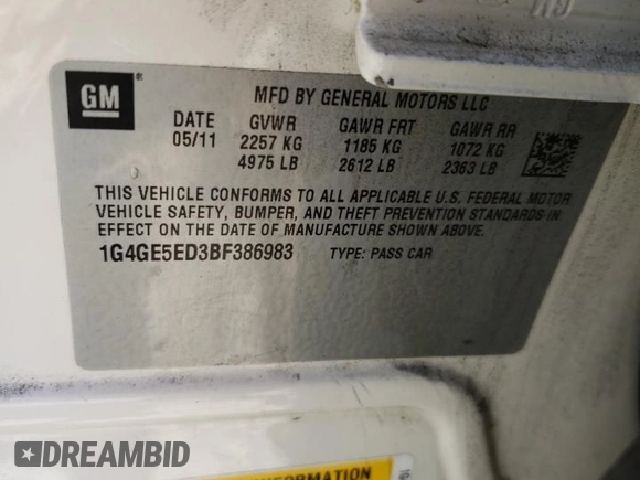 2011 Buick LaCrosse CXS with VIN 1G4GE5ED3BF386983, listed as a Copart auction lot 57137525 with 138,951 mi miles and Salvage title. Bid and sale history available at DreamBid. Image 13.
