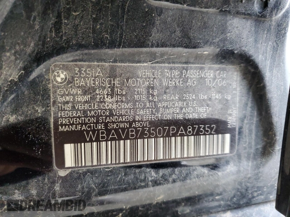 2007 BMW 3 Series 335i with VIN WBAVB73507PA87352, listed as a Copart auction lot 54055315 with 179,333 mi miles and Salvage title. Bid and sale history available at DreamBid. Image 12.