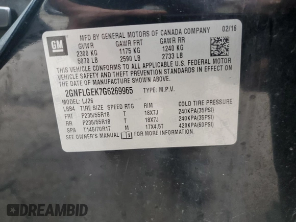 2016 Chevrolet Equinox LTZ with VIN 2GNFLGEK7G6269965, listed as a Copart auction lot 44884795 with 117,477 mi miles and Salvage Title. Bid and sale history available at carsss.com. Image 14.