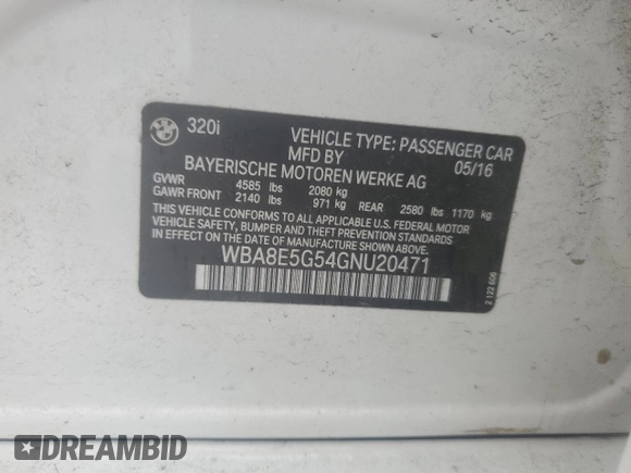 2016 BMW 3 Series 320i xDrive z VIN WBA8E5G54GNU20471, wystawiony jako Copart lot #60558675 z przebiegiem 79 978 mil mil oraz Szkoda całkowita • Salvage title. Historia ofert i sprzedaży dostępna na DreamBid. Obrazek 12.